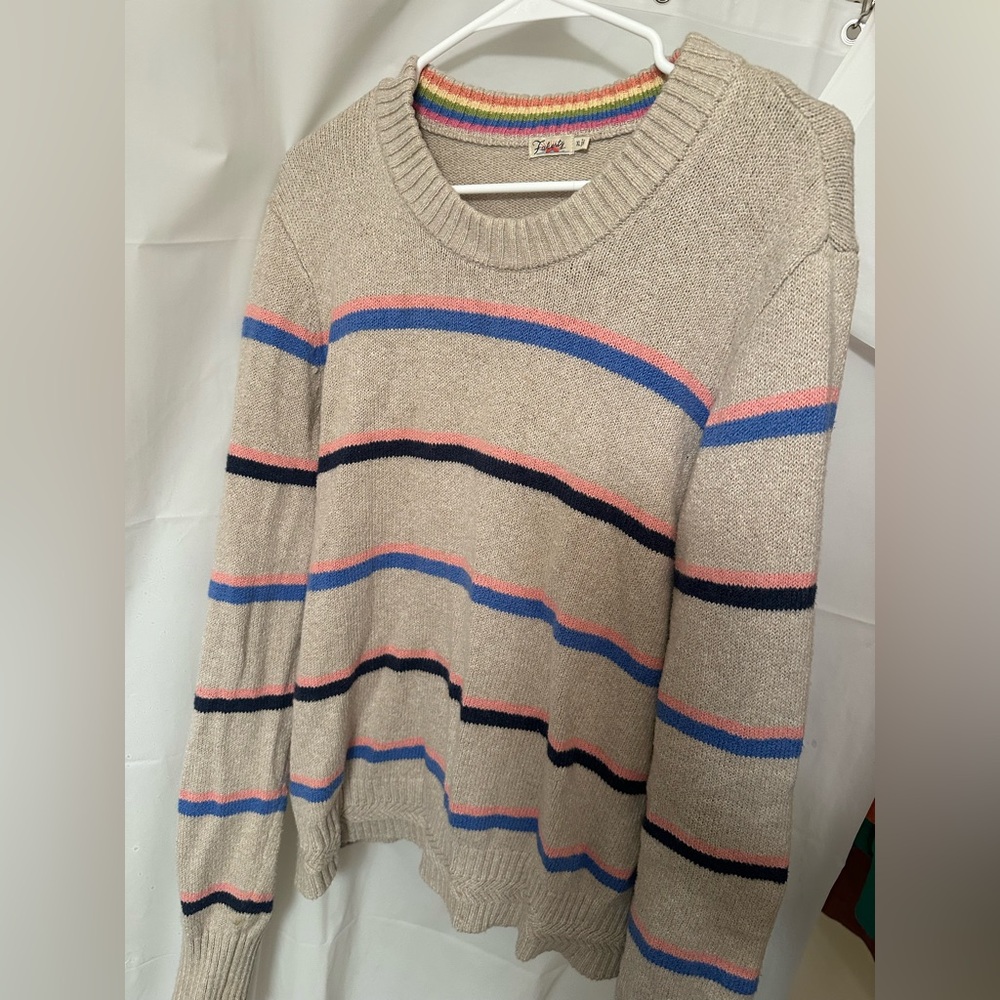 Faherty Beige Sweater with Blue and Pink Stripes